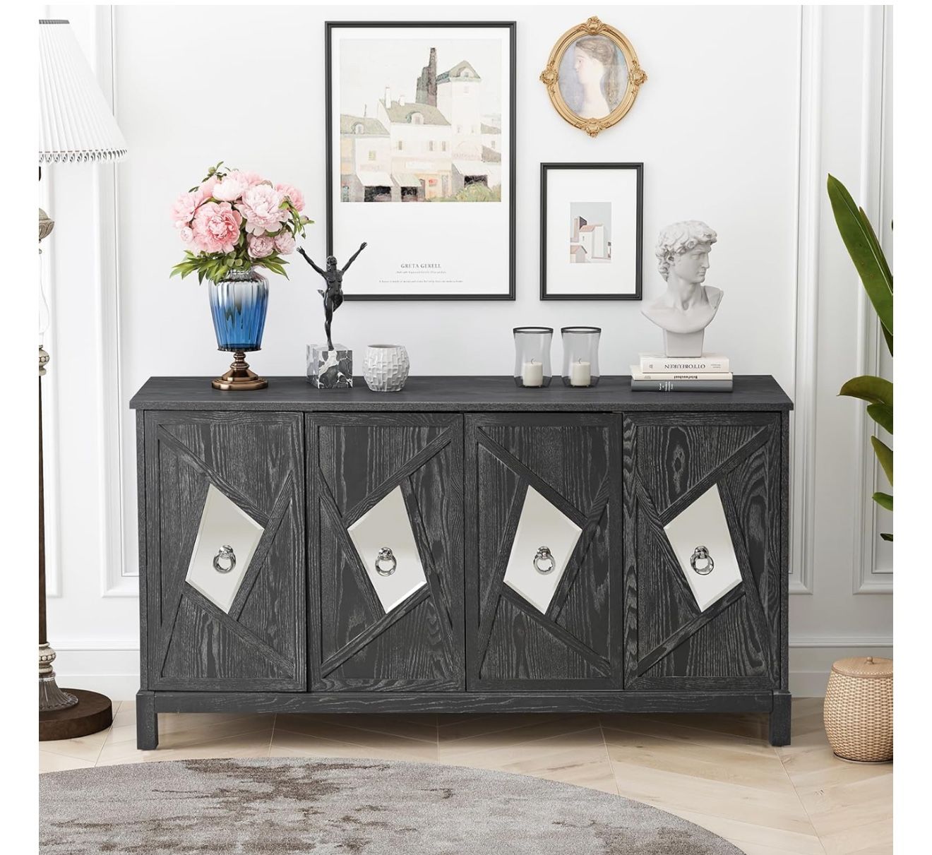 60" Retro Sideboad Buffet Cabinet, Console Table Display Cabinet with Carved Effect Decoration Doors Buffet Storage Cabinet Coffee Bar Cab