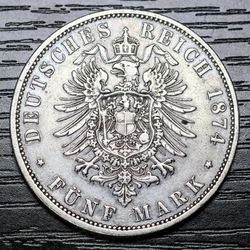 1874 German Empire 5 Marks Silver Coin - Crown Size Silver 