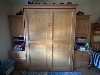 Oak Murphy Bed Wall Unit with Side Cabinets