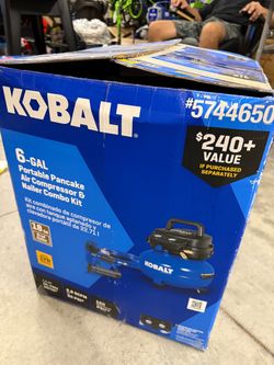 Kobalt 6-Gallon Portable Electric 150 PSI Pancake Air Compressor, Brad Nailer, Accessories