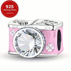 📷 New! Pink Camera 925 Sterling biSilver with Sparkling Cubic Zirconia Charm w Gift Bag