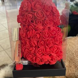Gift Large Artificial Flower Bear + Lip Stick + Card 