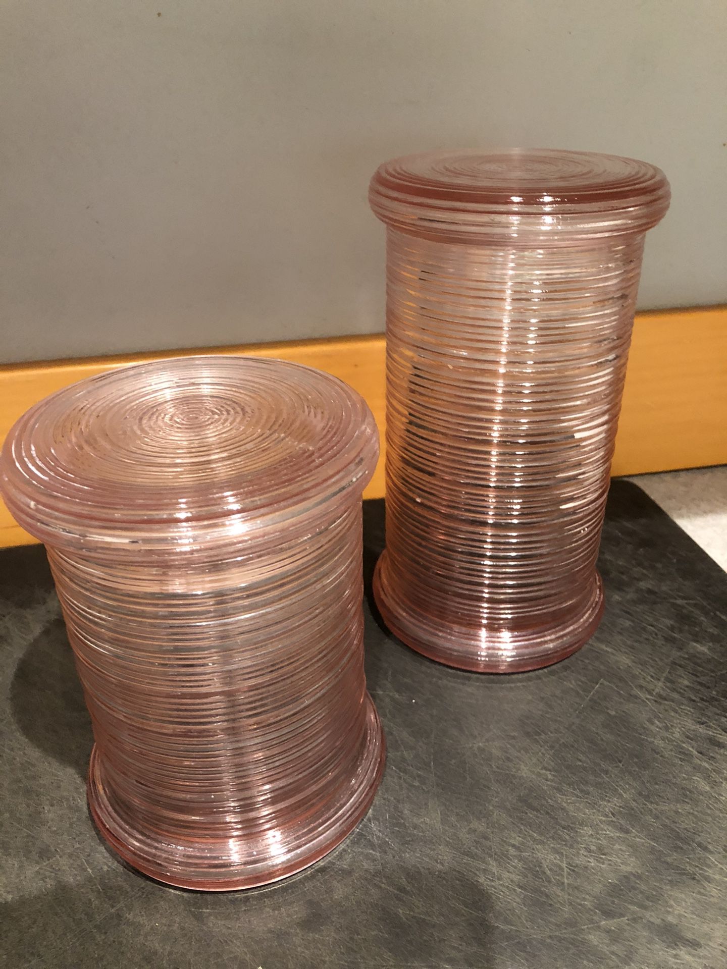 Vintage pink glass canisters