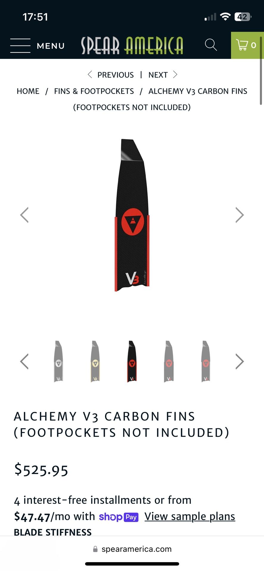Alchemy V3-30 carbon fins (footpockets not included) - Spear America