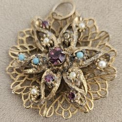 Vintage Purple Blue Rhinestone Star Filigree Pin Brooch Seed Pearls