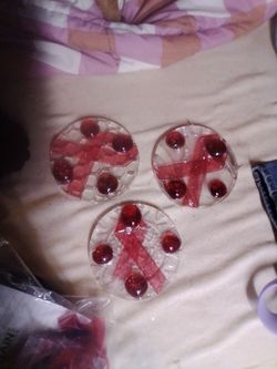 Set of 3 Clear Glass Coasters with Red Ribbon Design