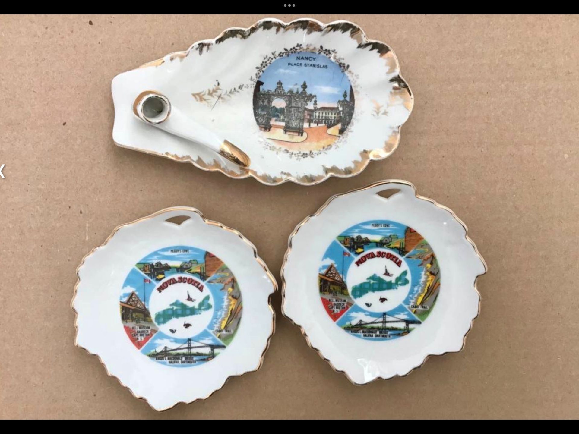 3 Vtg. Porcelain Souvenir Items From Nova Scotia + France Limoges Cigar Ashtray + Trinket / Jewelry Mini Dishes 1960s