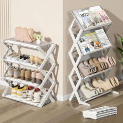 Foldable Shoe Rack, 4-Tier Narrow Shoe Organizer, Adjustable Shoe Shelf, Installation-Free Standing Shoe Rack for Closet Hallway Entryway Bedroom Bath