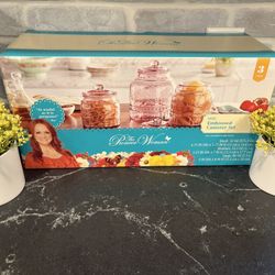 NEW The Pioneer Woman CASSIE Set of 3 Embossed Rose Glass Storage Canister Set