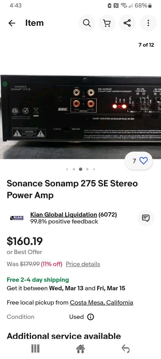 Sonance Sonamp 275 SE Stereo Power Amplifier In Good Conditions Include Power Cable But Not Remote Control