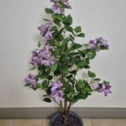 ** NEW LOW PRICE ** Faux Purple Hibiscus Topped w Amethyst Stone / Blue Circle Planter @ Lasting Creations