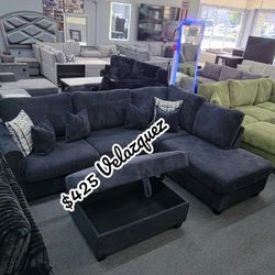 ✅️✅️3 pc black corduroy fabric sectional sofa with USB plugs rounded arms with chaise and storage ottoman✅️