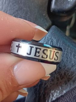 Unisex Stainless Steel Silver & Black "Jesus" Ring-Size 10