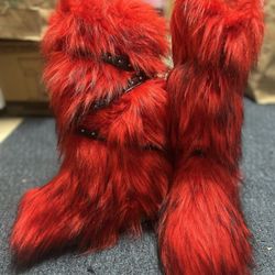 Women’s Red & Black Faux Fur Fuzzy Motorcycle Boots