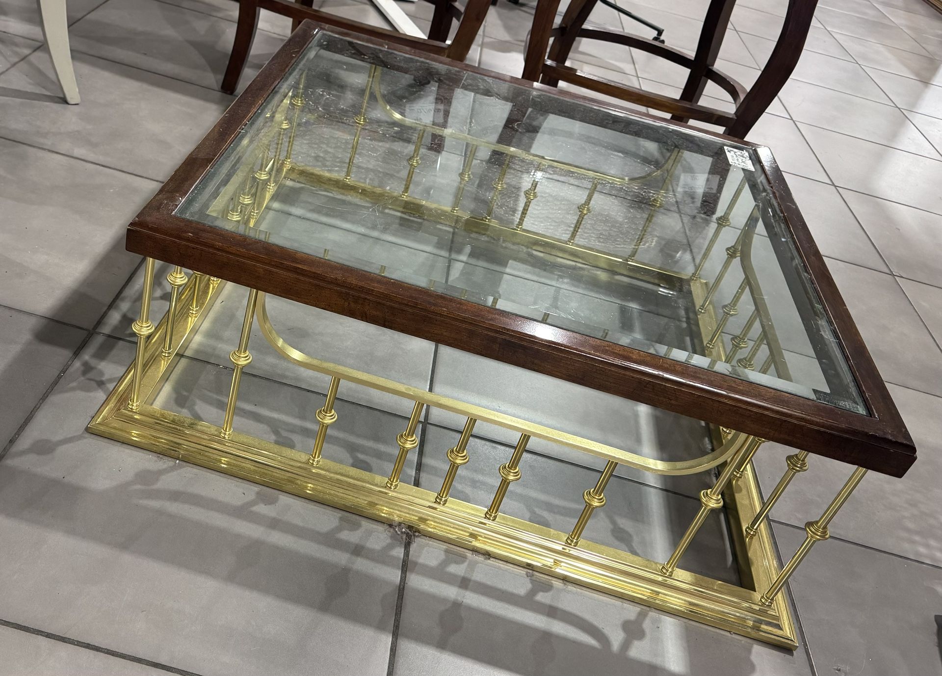 Edwin Lambeth Antique Luxury Brass Glass Wood Coffee Table