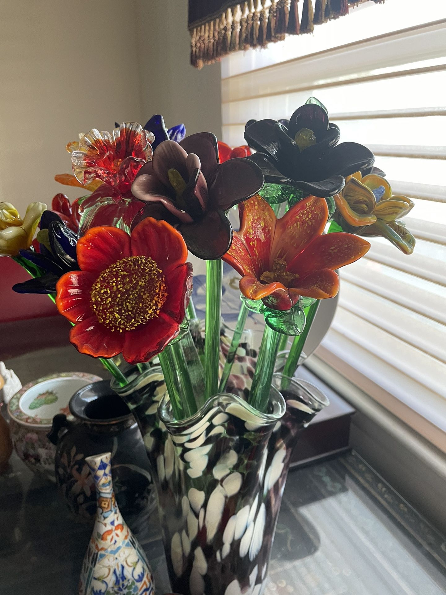 Handblown Glass Flowers In Glass Vase