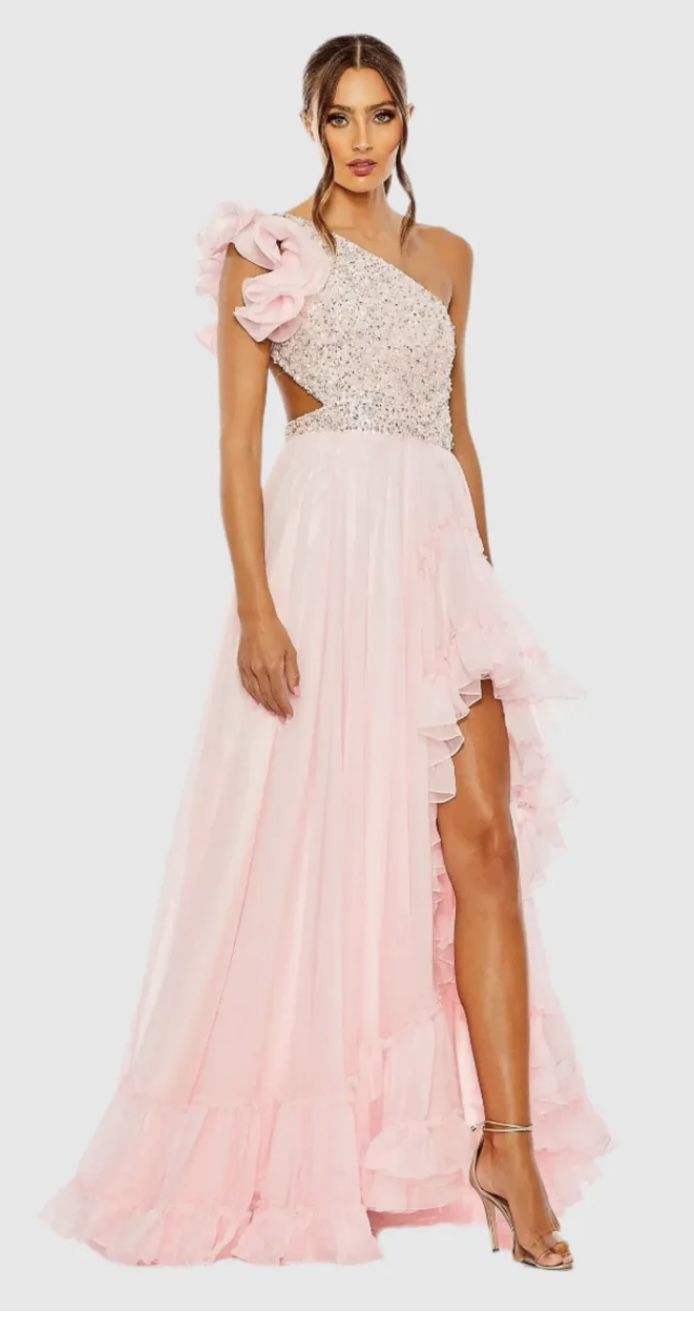 MAC DUGGAL Ruffled One-Shoulder Embellished Lace-Up Gown-Size 6