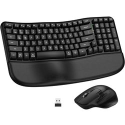 Ergonomic Wireless Keyboard and Mouse Combo, Bluetooth/2.4G Wireless Ergo Wave Curved Keyboard with Cushioned Palm Rest and 6 Levels DPI Adjustable Si