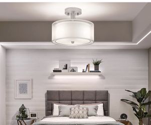 Semi Flush Mount Ceiling Light Fixture, Drum Light with Double Fabric Shade, Modern Close to Ceiling Lamps for Dining Room Kitchen
