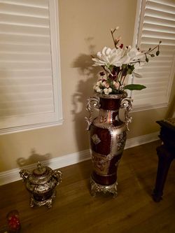Large Ornate Floor Vase with Scroll Handles