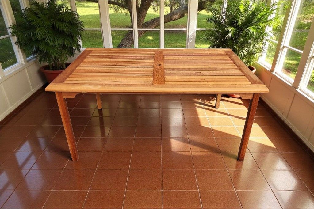 Solid Teak Slatted Outdoor Dining Table – Removable Legs