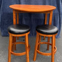 Drop Leaf Wooden Dinette Bar Table w/ two leather padded stools