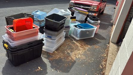 Lot of Plastic Storage Bins and Totes