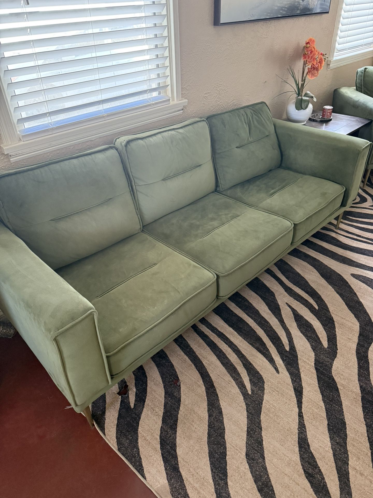 Green Satin Couch Sofa & Chair