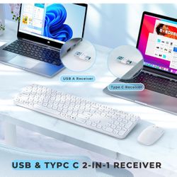 Wireless Keyboard and Mouse, USB & Type C 2-in-1 Receiver, SK73-3 Full Size White Wireless Keyboard Mouse Combo, Compatible for Windows, MacBook Pro/A