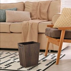 Rustic Brown Wood Garbage Bin with Metal Handles