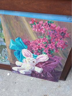 Original Oil Painting Bunny with Flowers
