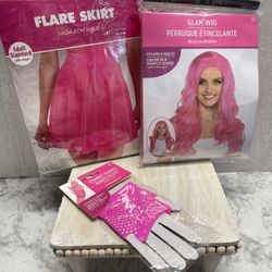 Hot Pink Wig Gloves And Skirt Tutu NEW 