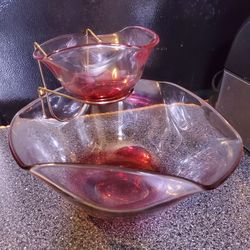 Vintage Anchor Hocking Cranberry Pink Glass Chip and Dip Bowls 