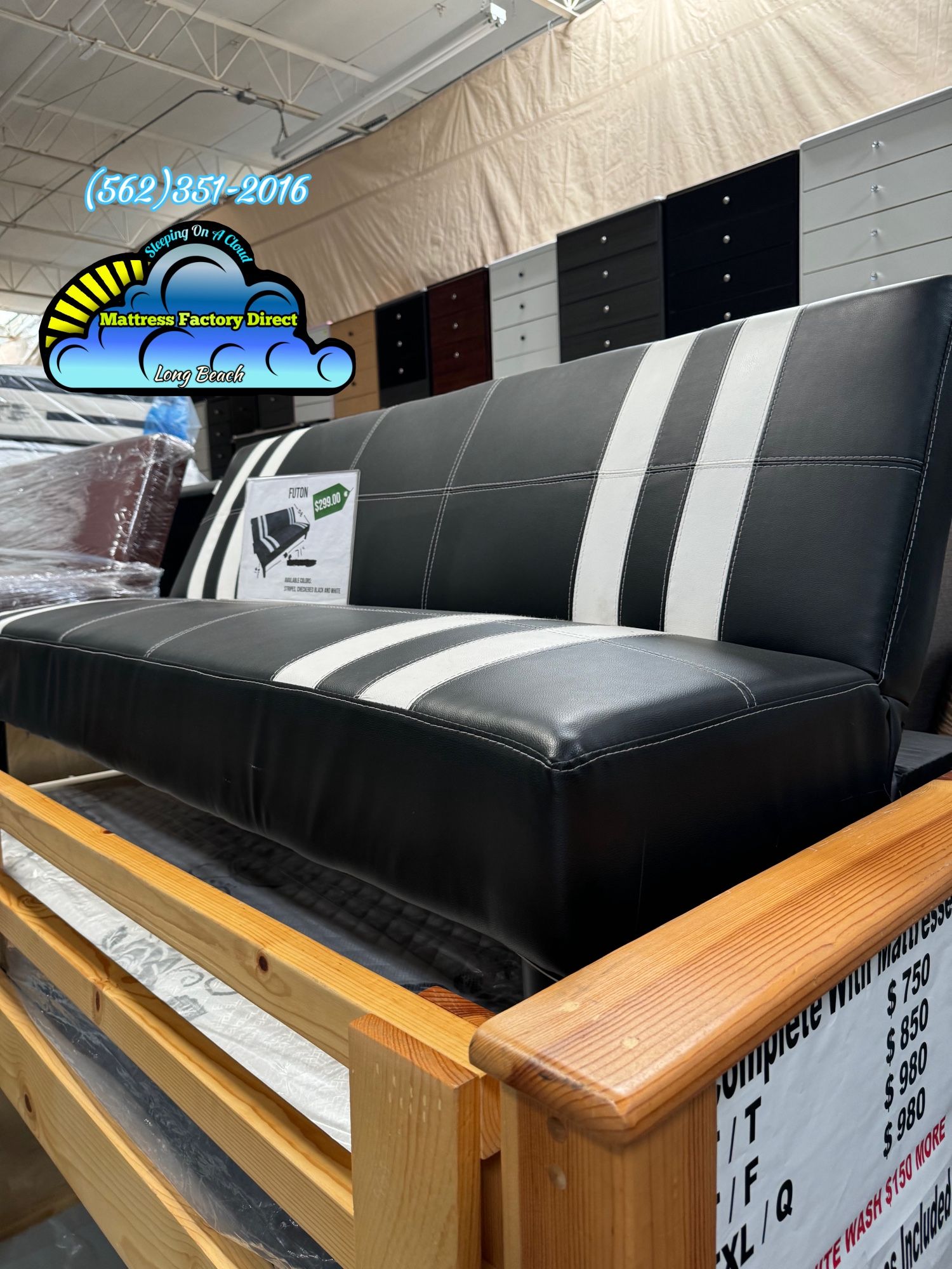 Black White Futon Couch Faux Leather With Stripes