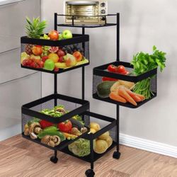 Kitchen Storage Rack Rotating Vegetable with Wheels Square White Multi-Layer Floor-Standing Rack-Rotating Vegetable Rack, Household Storage Shelf Can 