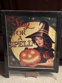 Stay For A Spell Halloween Witch Easel Sign