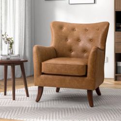 Germano Camel Vegan Leather Wingback Armchair with Wooden Legs
