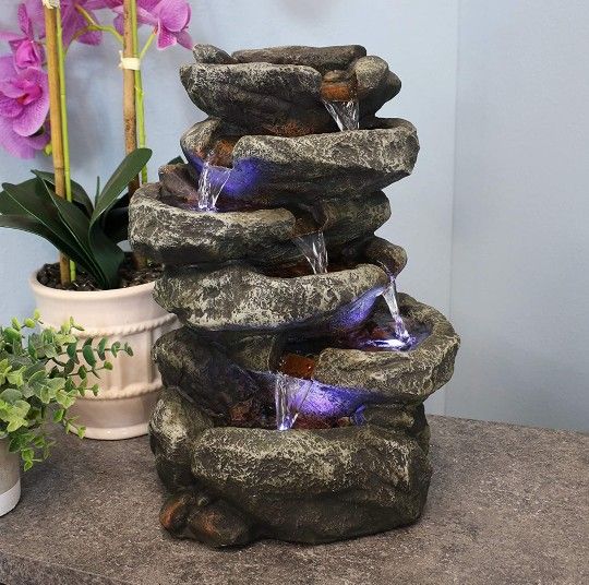 Sunnydaze Stone Falls 15-Inch 6-Tier Tabletop Water Fountain with LED Lights - Electric Submersible Pump - Polyresin






