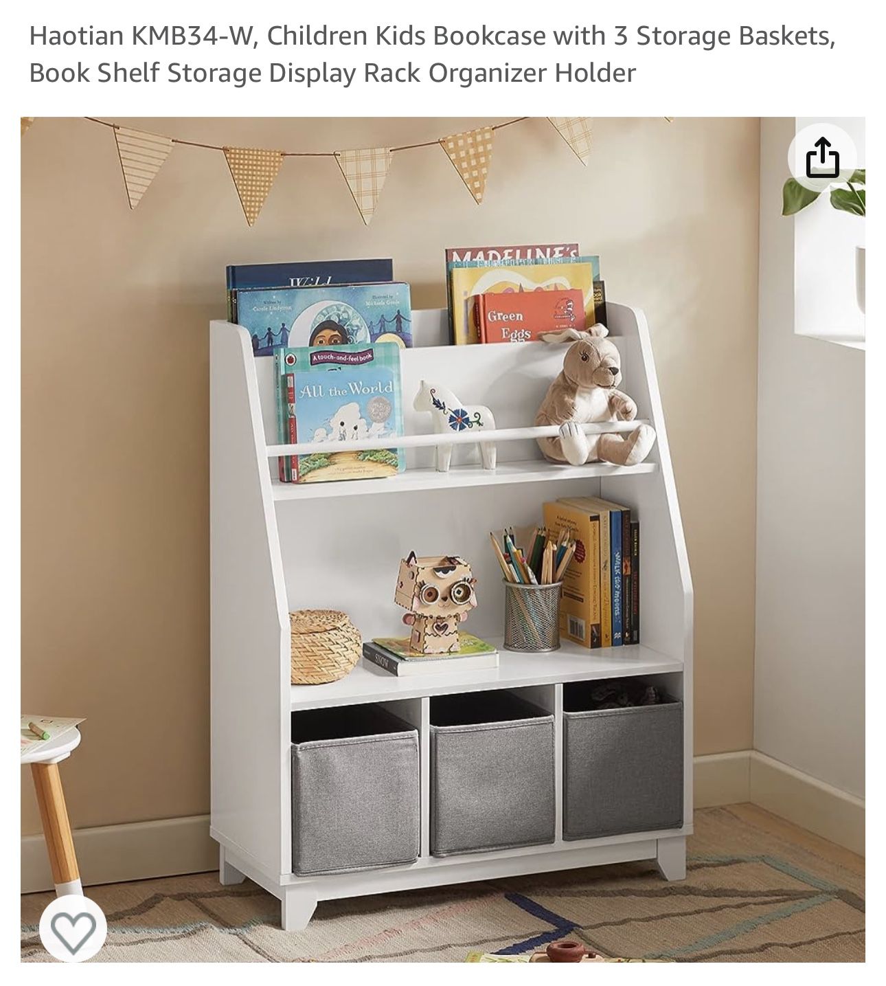 Haotian KMB34-W, Children Kids Bookcase with 3 Storage Baskets, Book Shelf Storage Display Rack Organizer Holder