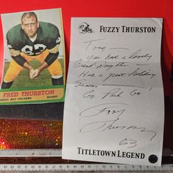 FRED “FUZZY” THURSTON  SIGNED HAND WRITTEN NOTE AUTOGRAPHED W/COA & CARD PRINT