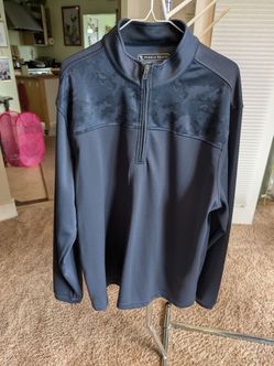 Pebble Beach half zip up jacket, blue jacket with grey trim, blue camo chest, size XL