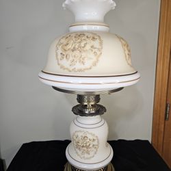 Vintage Quoizel Floral Hurricane Glass Table Lamp - 1970s