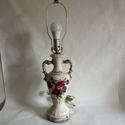 ANTIQUE VINTAGE WORRALL TABLE LAMP VICTORIAN Red ROSES Gold 1940’s Working