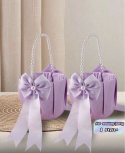 1PC Purple Bow Faux Pearl Satin Flower Basket For Wedding Party Decoration New Year Gift Home Decor Bridal Bouquet Centerpiece