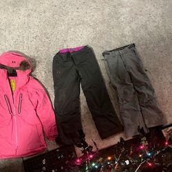 Women’s Under Armour Ski Jacket and Pants, Plus DNA Pants Size XS Jacket, Youth Large Pants, Size 4 Pants, Fits A 5 Foot Tall Woman