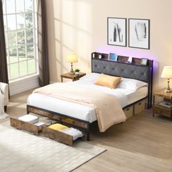 Brand new FULL Size platform bed led lighting 2 drawers storage below