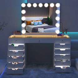 White Vanity Desk With 13 Drawers & LED lights & Mirror With Bluetooth