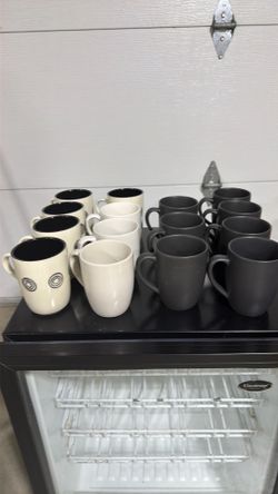 Coffee mugs white with black design and white and graphite plain mugs 15 total