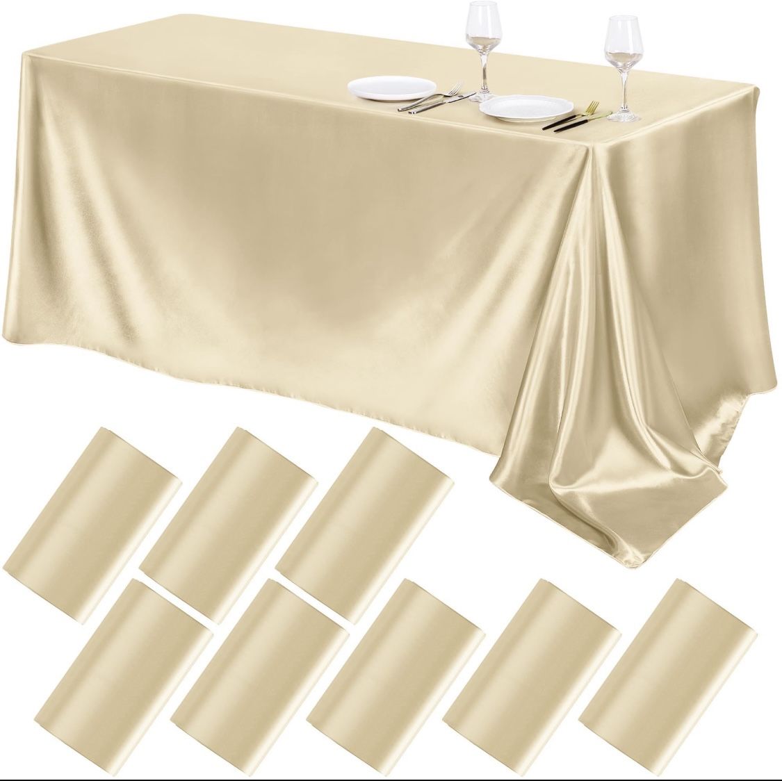 TURSTIN 8 Packs Champagne Satin Tablecloth 102 X 58 Inch Overlay Satin Table Cover Rectangle Bright Silk Tablecloth Smooth Fabric Table Decoration For