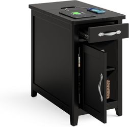 LINSY HOME Farmhouse End Table with Charging Station, Narrow Side Table for Living Room, Sofa Side Table with Drawer and Storage Cabinet, Small Nights